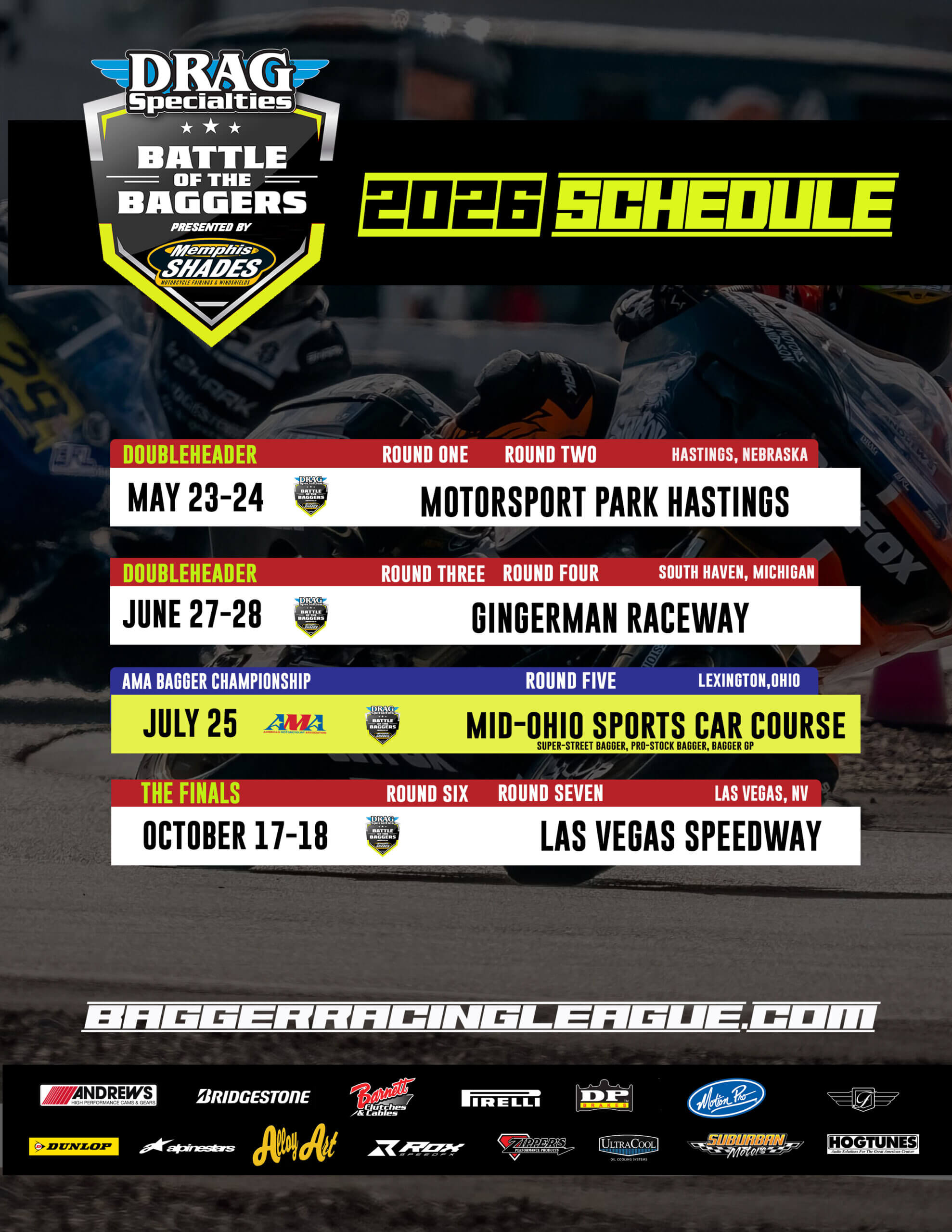 Drag Specialties Bagger Racing League Announces 2026 Battle of the Baggers Schedule Presented by Memphis Shades