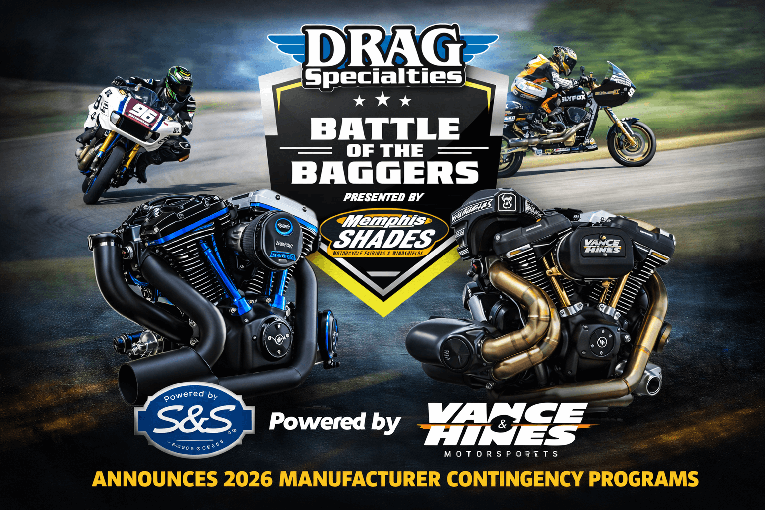 Drag Specialties Bagger Racing League “Battle of the Baggers” Presented by Memphis Shades Announces 2026 Manufacturer Contingency Programs